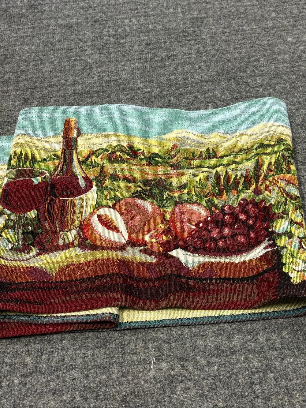 Wine & Fruit Tapestry Table Runner Italian Vineyard Scene 66 inches